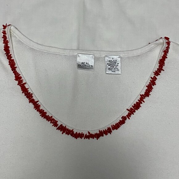 REAL CLOTHES Saks Fifth Ave White Pima Cotton Beaded Trim Top 90s Y2K S - Picture 6 of 15